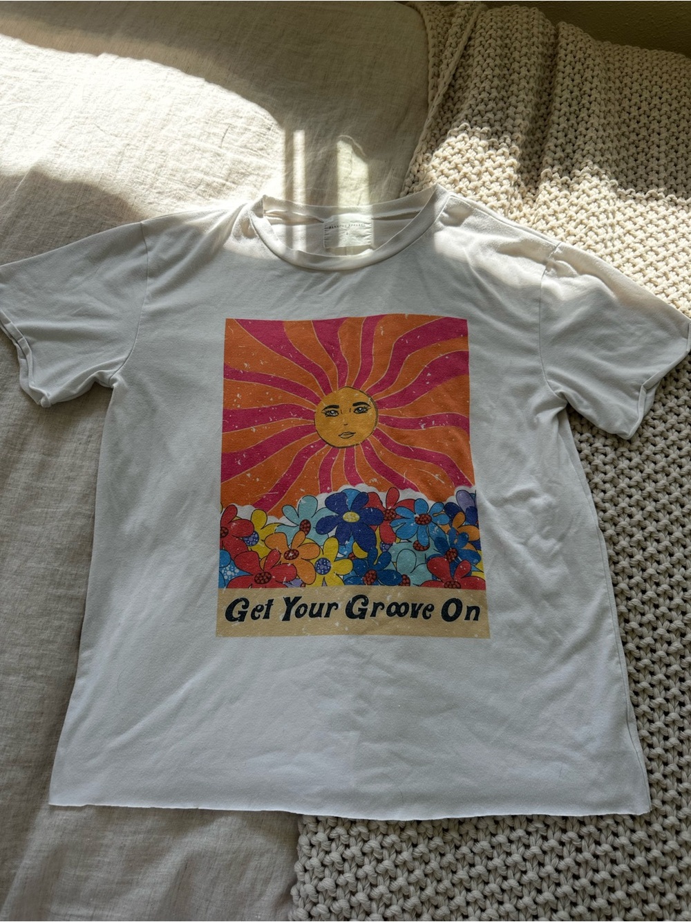 Panache White Tee with Orange & Pink Sun Graphic
